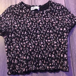 Black with green and pink roses,t shirt a little cropped